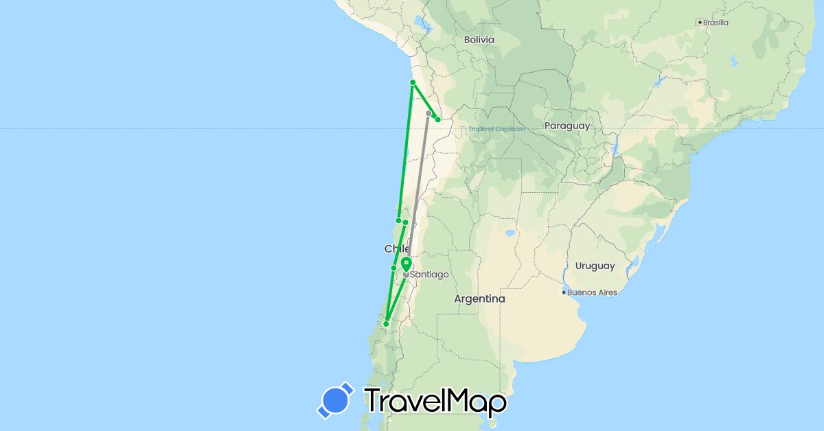 TravelMap itinerary: bus, plane in Chile (South America)